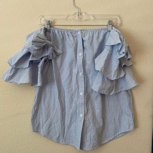 Cute fun blue striped shirt, off the shoulder